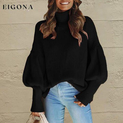 Turtleneck Lantern Sleeve Dropped Shoulder Puff Sleeve Fashion Sweater Black campaign clothes D&C Ship From Overseas