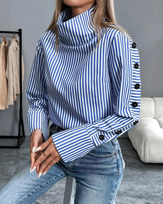 Fashionable Half Turtleneck Striped Blouse