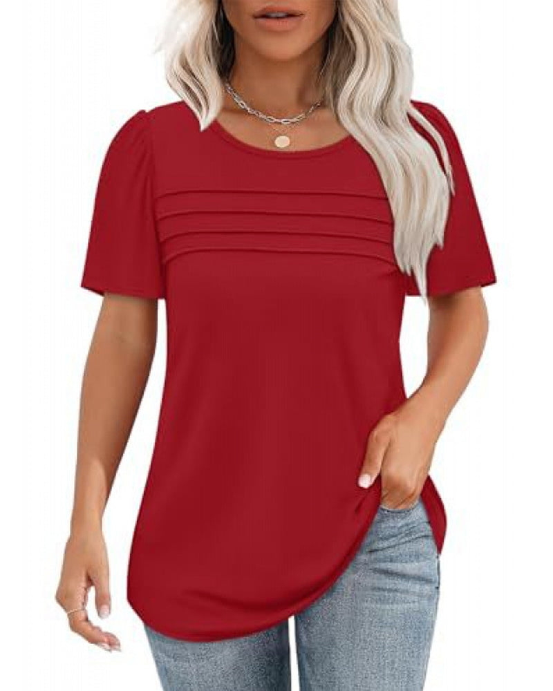 Pleated Loose Round Neck Short Sleeve T-Shirt