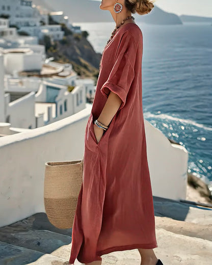 V-Neck Solid Color Midi Dress
