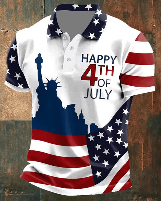 Stars And Stripes Print Lapel Button T-Shirt spring summer t-shirts man