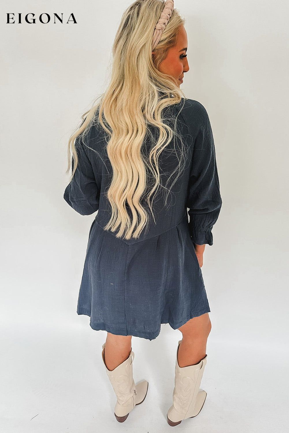 Sail Blue 3/4 Ruffled Sleeve Buttoned Crinkled Shirt Dress casual dresses clothes dress dresses long sleeve dress long sleeve dresses short dresses