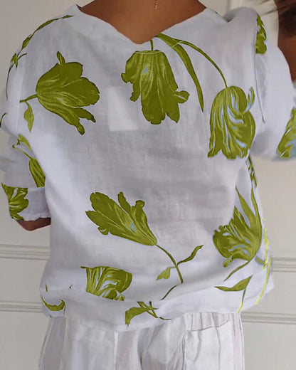 Floral print cotton and linen button-down top