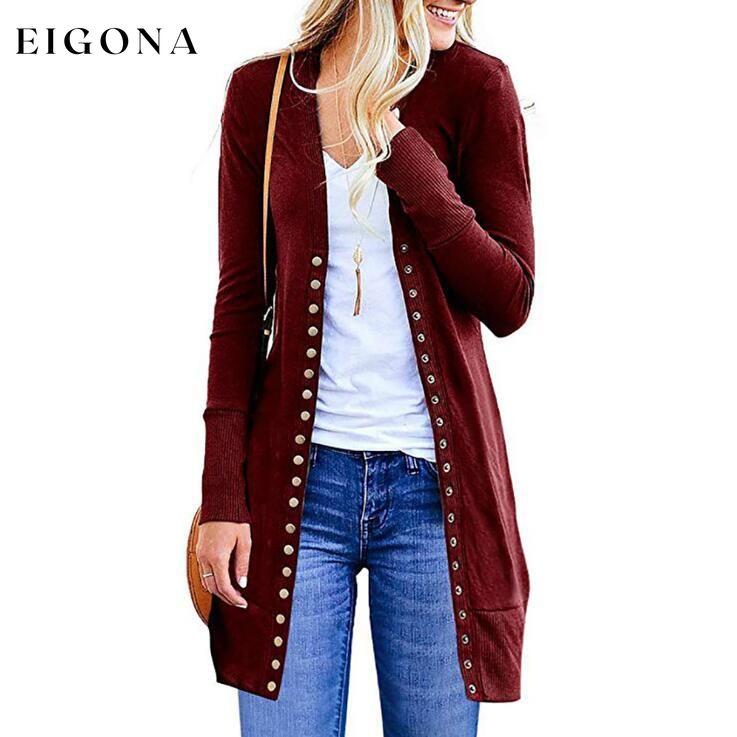 Halife Women's Long Sleeve Snap Button Down Knit Ribbed Neckline Cardigan Sweater Burgundy __stock:50 clothes Low stock refund_fee:1200 tops