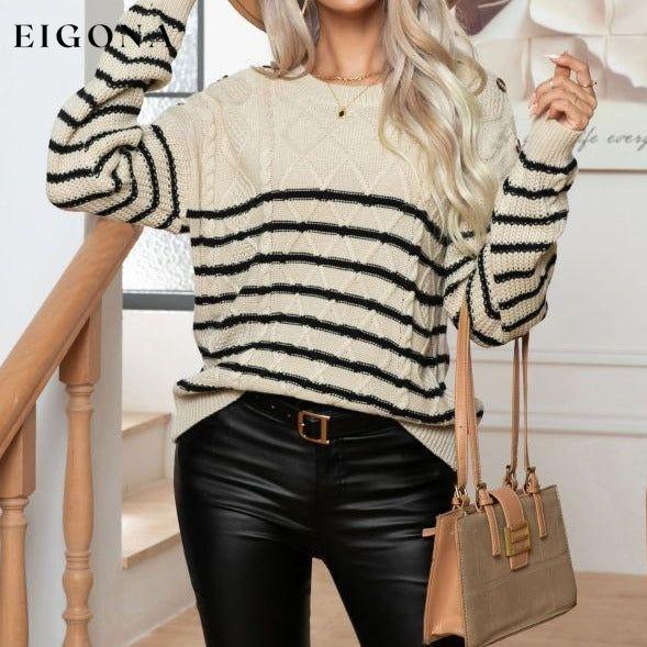Women's Casual Button Striped Long Sleeve Pullover Sweater White clothes long sleeve shirt long sleeve shirts long sleeve top long sleeve tops Sweater sweaters