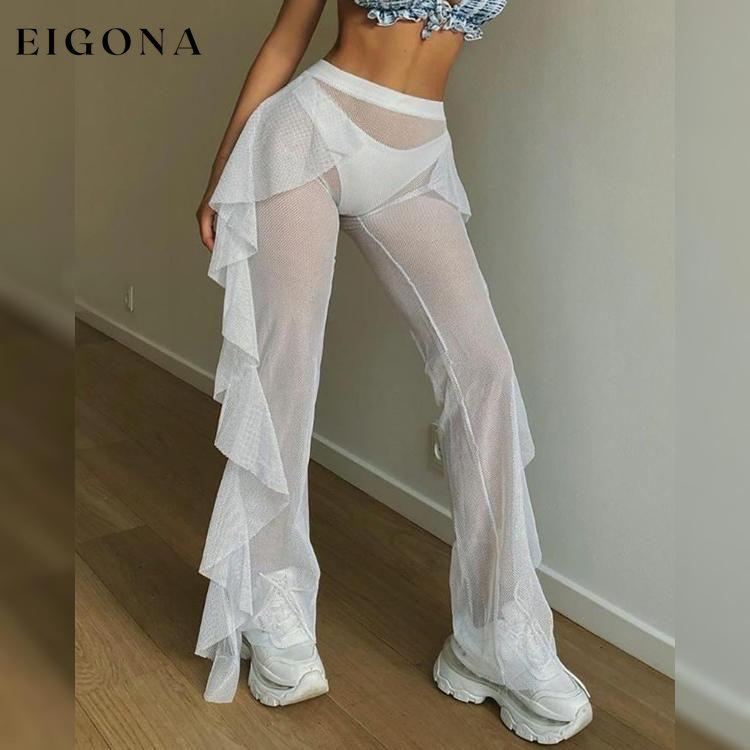 High Waist Sheer Mesh Ruffles Cover Up Pants White __stock:500 bottoms refund_fee:800 show-color-swatches