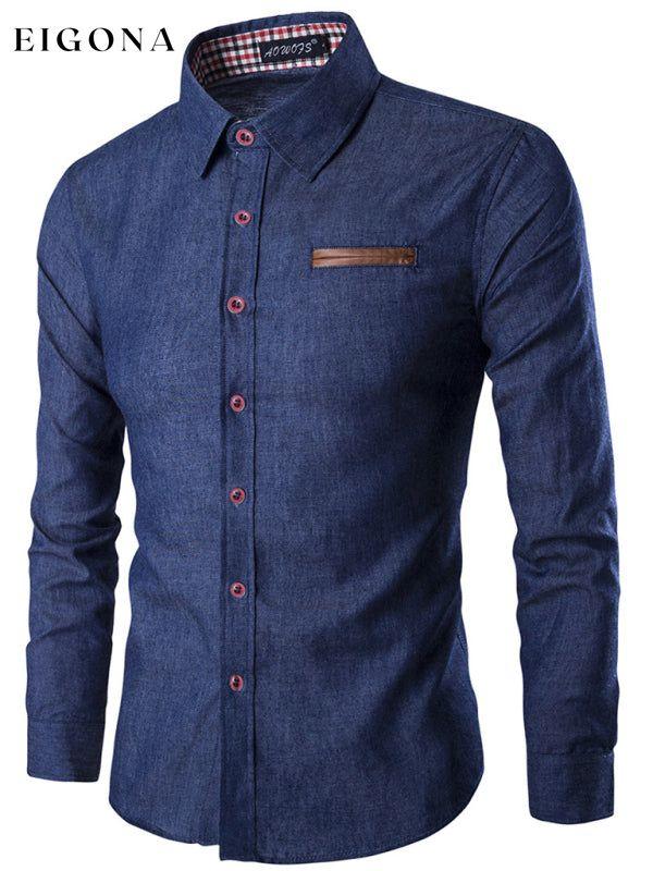 Men's Casual Shirt Pocket Patch Leather Long Sleeve Shirt Denim Shirt Purplish blue navy clothes long sleeve shirts men mens mens shirts