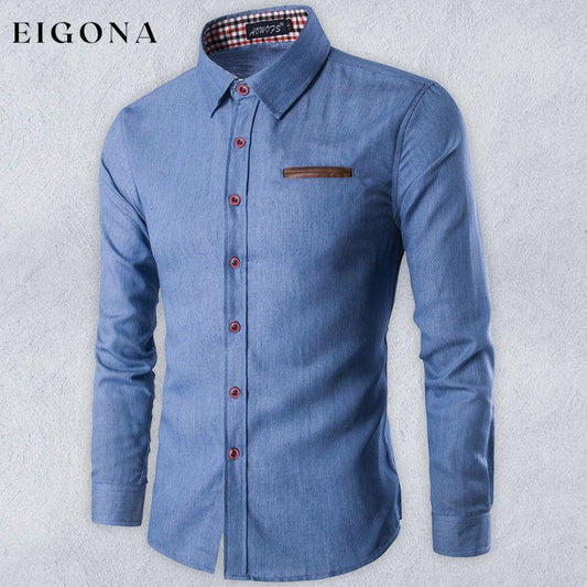 Men's Casual Shirt Pocket Patch Leather Long Sleeve Shirt Denim Shirt Clear blue clothes long sleeve shirts men mens mens shirts