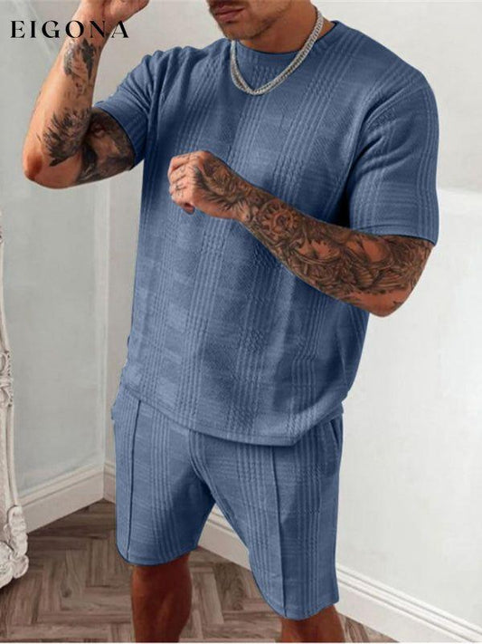 Men's casual plaid short-sleeved T-shirt + shorts two-piece set Purplish blue navy clothes