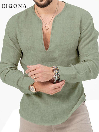 New Men's Long Sleeve T-Shirt Slim Fit Solid Color Large Size Deep V Neck Shirt Pale green button down shirt clothes mens mens shirts