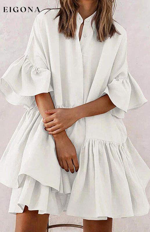 Women's Solid Color Ruffle Cotto Blend Shirtdress White Clothes