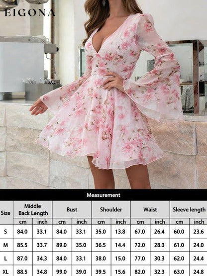 Women's Sexy V-Neck Floral Print High Waist Flared Sleeve Dress Pink Clothes