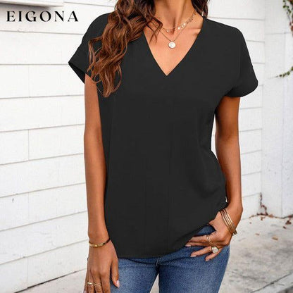 Women's solid V-neck short sleeve T-shirt Black clothes shirt shirts short sleeve shirt short sleeve top top tops