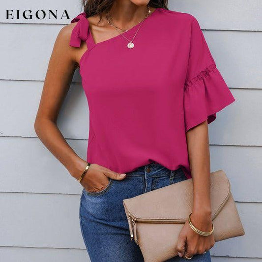 Women's fashion diagonal collar Ruffle Sleeve Chiffon Top Rose Red clothes off the shoulder shirt shirt shirts short sleeve short sleeve shirt short sleeve top tops Tops/Blouses