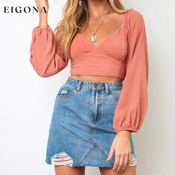 Women's navel long -sleeved strap tied V -neck short tube Crop top Red clothes crop top crop tops cropped cropped top croptop long sleeve shirt long sleeve shirts long sleeve top long sleeve tops shirt shirts top tops