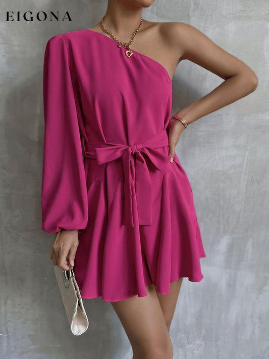 Women’s Fashionable Off The Shoulder Long Sleeved Mini Dress With Statement Ribbon Tie Bow Rose Red clothes dresses evening dresses formal dresses long sleeve dresses long sleve dresses pink dresses short dresses