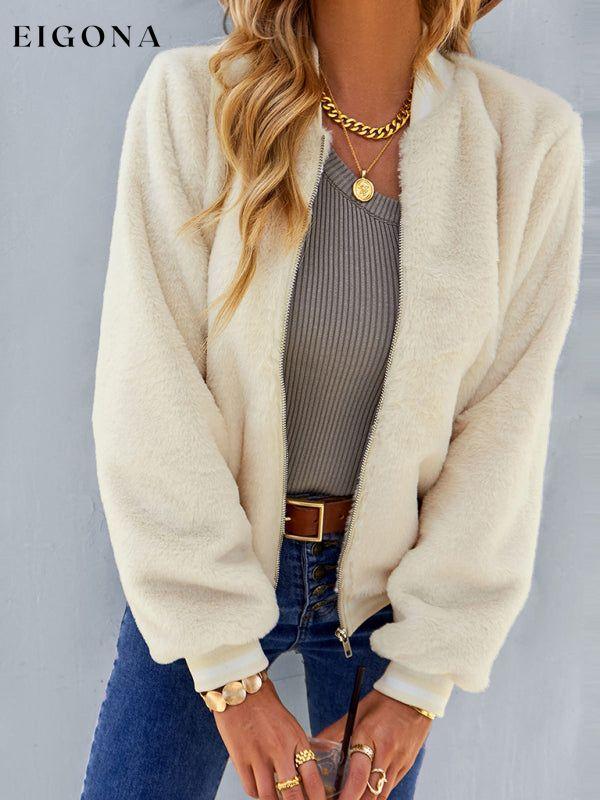Women's Warm Fleece Long Sleeve Zip Jacket Cream clothes Jackets & Coats Sweater sweaters
