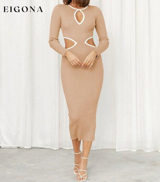 Women’s With A Front Cutout Sides Waist Cutout Midi Dress Brown casual dresses clothes cutout dress cutout dresses dress dresses long sleeve dress long sleeve dresses maxi dress midi dress