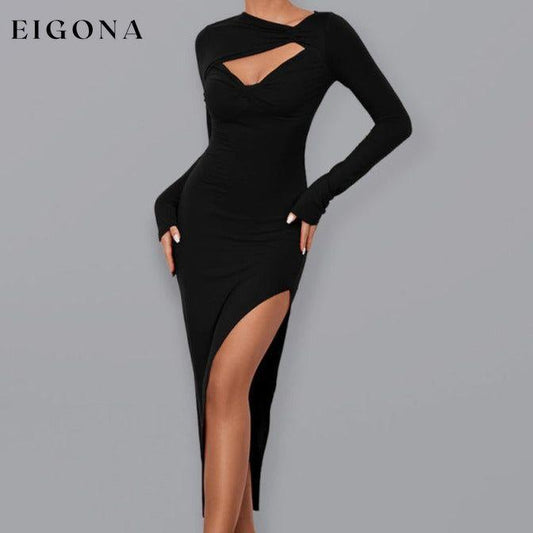 Women’s Long Sleeve Angled Neckline Dress With Front Cutouts And Leg Slit Black clothes dress dresses long sleeve dress long sleeve dresses midi dress slit dress