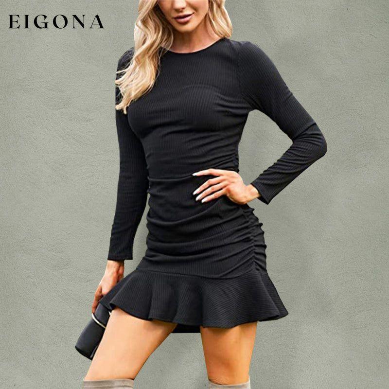 Sexy Mini Skirt Knit Long Sleeve Pleated Body Dress Black casual dress casual dresses clothes dress dresses long sleeve dresses long sleve dresses short dress short dresses