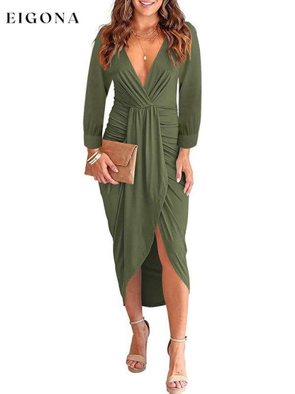 Women's Solid Color Pleated Long Sleeve Faux Wrap Midi Dress casual dress clothes dress dresses formal dress formal dresses long sleeve dress long sleeve dresses midi dress