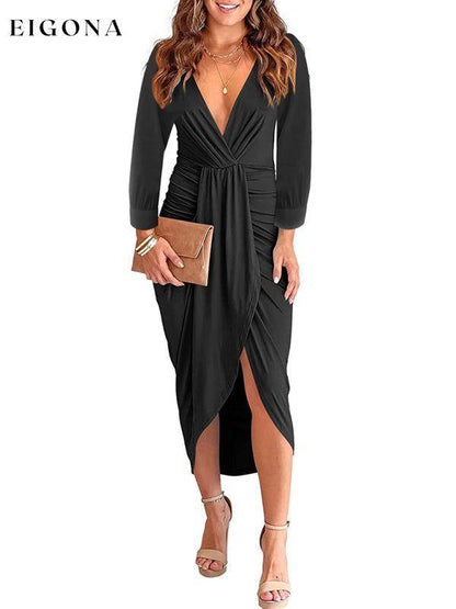 Women's Solid Color Pleated Long Sleeve Faux Wrap Midi Dress casual dress clothes dress dresses formal dress formal dresses long sleeve dress long sleeve dresses midi dress