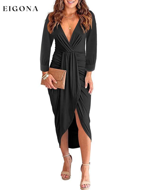 Women's Solid Color Pleated Long Sleeve Faux Wrap Midi Dress casual dress clothes dress dresses formal dress formal dresses long sleeve dress long sleeve dresses midi dress