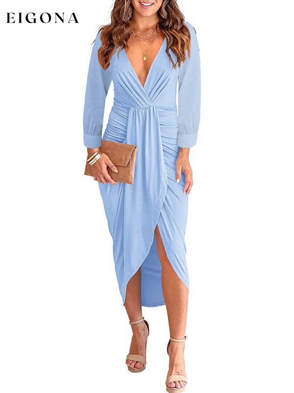 Women's Solid Color Pleated Long Sleeve Faux Wrap Midi Dress Mist blue casual dress clothes dress dresses formal dress formal dresses long sleeve dress long sleeve dresses midi dress