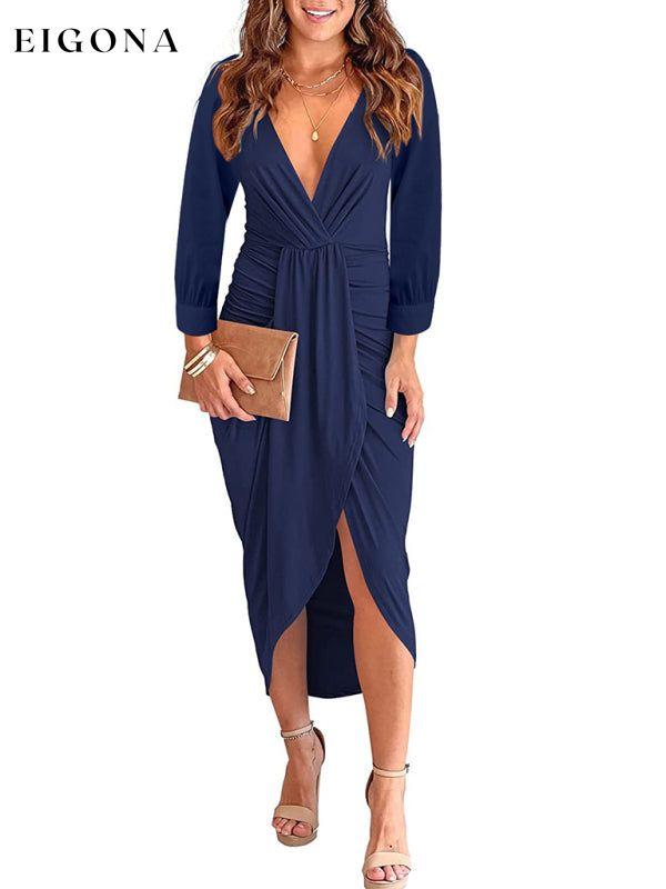 Women's Solid Color Pleated Long Sleeve Faux Wrap Midi Dress casual dress clothes dress dresses formal dress formal dresses long sleeve dress long sleeve dresses midi dress