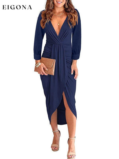 Women's Solid Color Pleated Long Sleeve Faux Wrap Midi Dress Champlain Blue casual dress clothes dress dresses formal dress formal dresses long sleeve dress long sleeve dresses midi dress