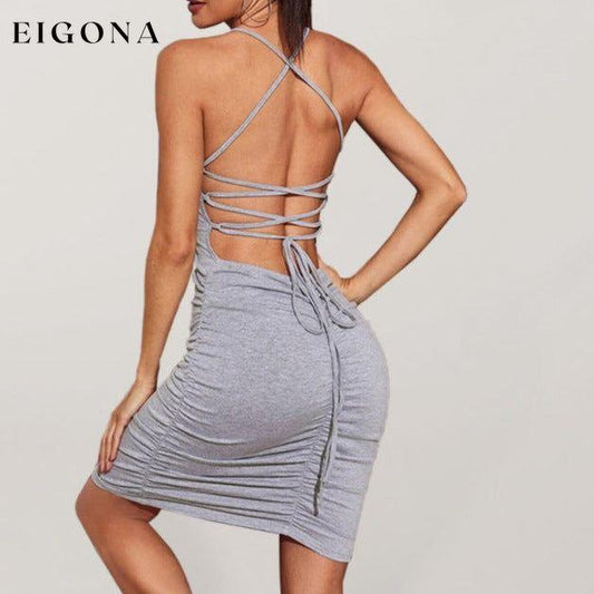 Sexy backless strappy dress shirring slim fit solid color wrap hip skirt Grey clothes dress dresses short dresses