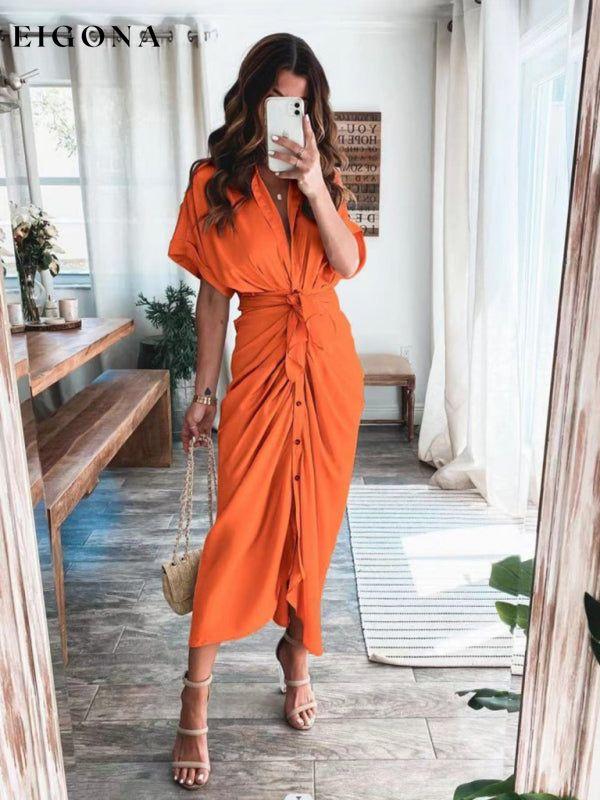 Women's Solid color pleated short sleeve shirt dress Orange clothes dress dresses midi dresses