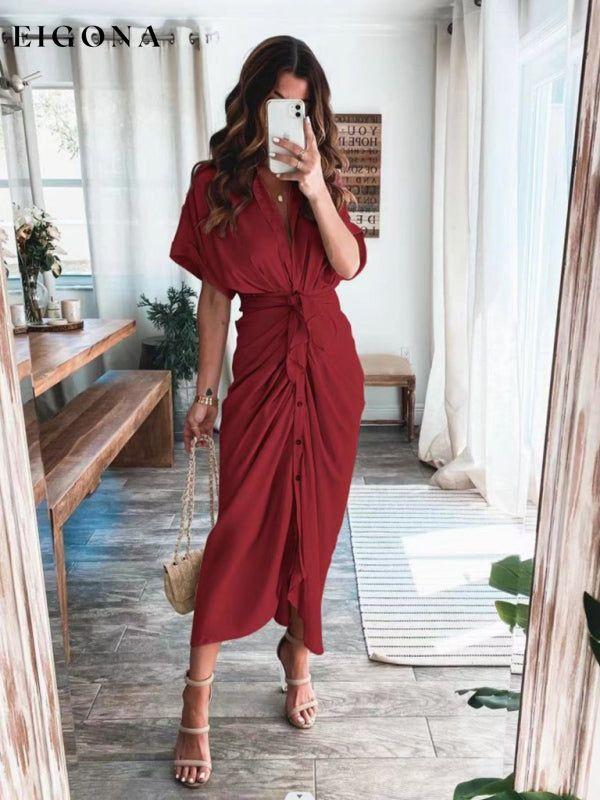 Women's Solid color pleated short sleeve shirt dress Wine Red clothes dress dresses midi dresses