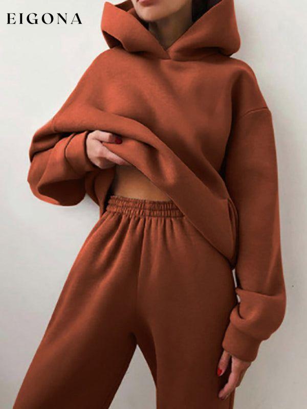 Women's solid color casual fashion trousers thickened long-sleeved hooded set Brown Activewear sets clothes lounge wear loungewear