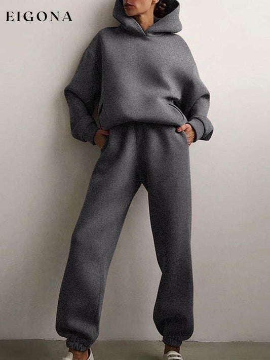Women's solid color casual fashion trousers thickened long-sleeved hooded set Grey Activewear sets clothes lounge wear loungewear