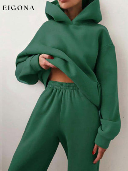 Women's solid color casual fashion trousers thickened long-sleeved hooded set Green Activewear sets clothes lounge wear loungewear