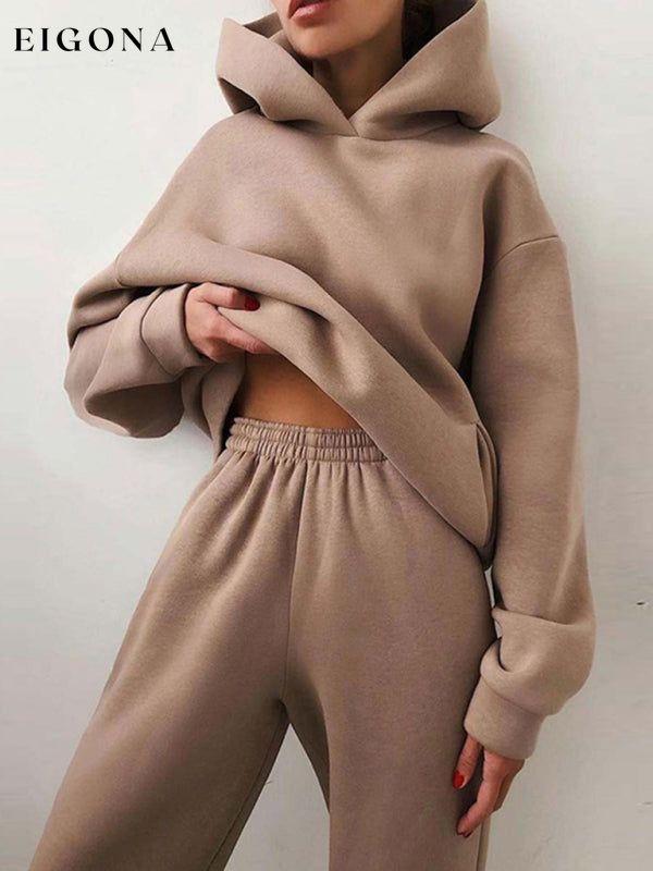 Women's solid color casual fashion trousers thickened long-sleeved hooded set Khaki Activewear sets clothes lounge wear loungewear