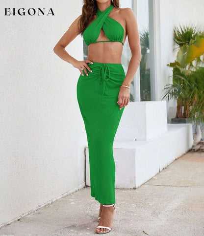 Women's Solid Color Chic Halter Cross Neck Cutout Crop Top With Matching Midi Slim Skirt Set Green clothes crop top sets