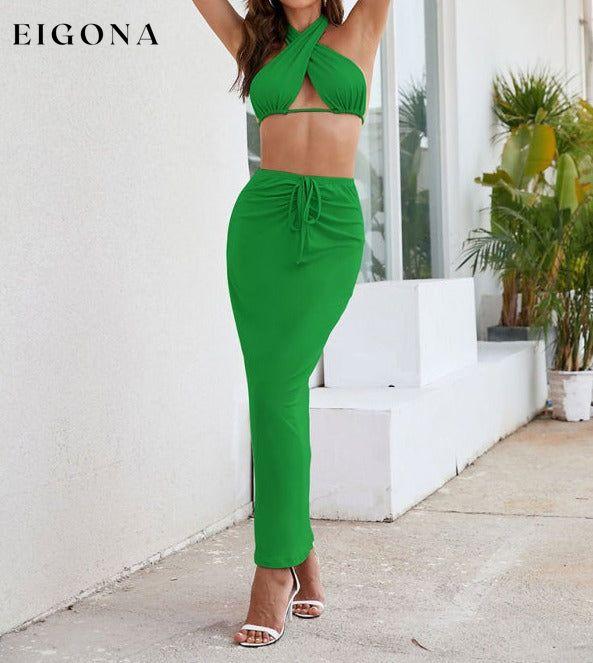 Women's Solid Color Chic Halter Cross Neck Cutout Crop Top With Matching Midi Slim Skirt Set clothes crop top sets