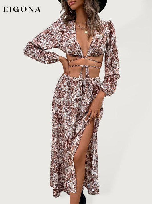 Women's Woven Paisley Vacation Sexy Long Dress Two-Piece Set Coffe clothes crop top sets
