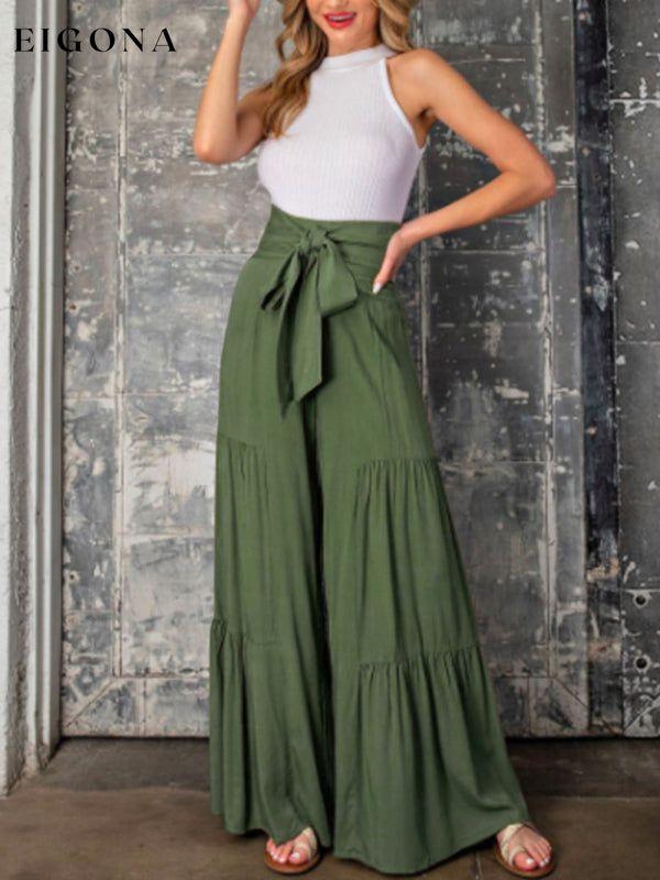 Women's woven strap elastic waist this kind of wide-leg A-type casual trousers bottoms clothes pants Women's Bottoms