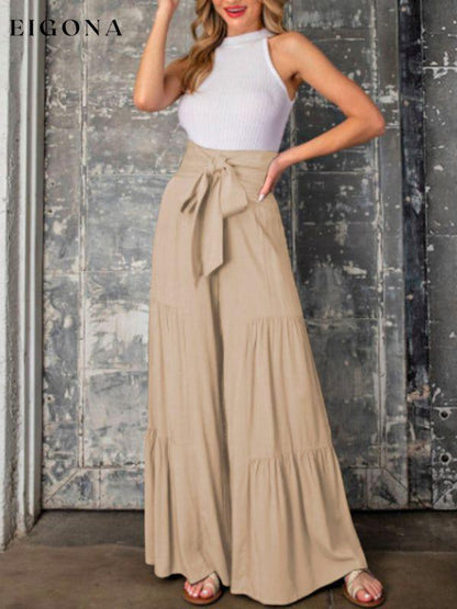 Women's woven strap elastic waist this kind of wide-leg A-type casual trousers bottoms clothes pants Women's Bottoms