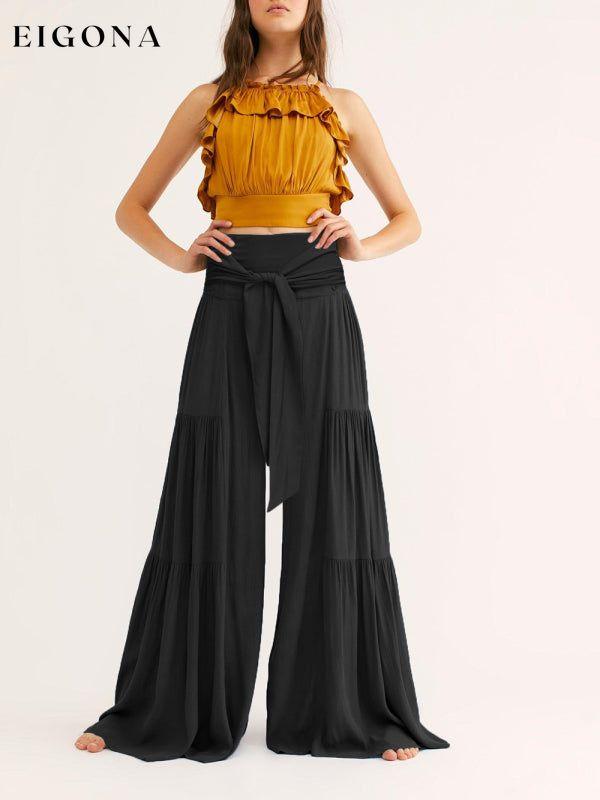 Women's woven strap elastic waist this kind of wide-leg A-type casual trousers bottoms clothes pants Women's Bottoms