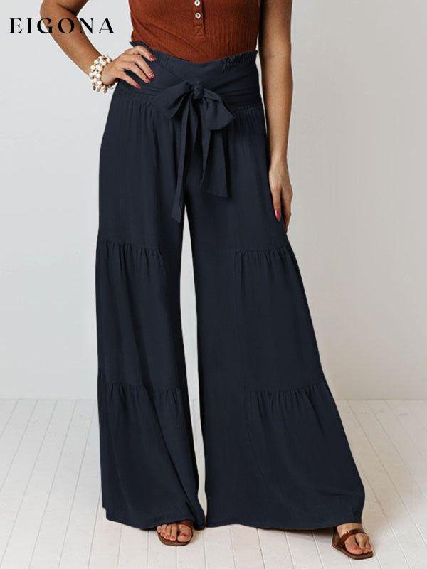 Women's woven strap elastic waist this kind of wide-leg A-type casual trousers Purplish blue navy bottoms clothes pants Women's Bottoms