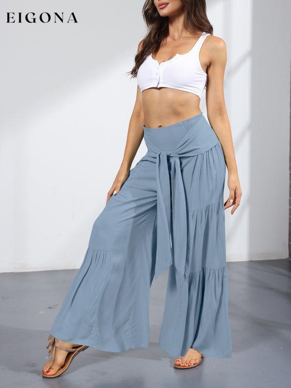 Women's woven strap elastic waist this kind of wide-leg A-type casual trousers bottoms clothes pants Women's Bottoms