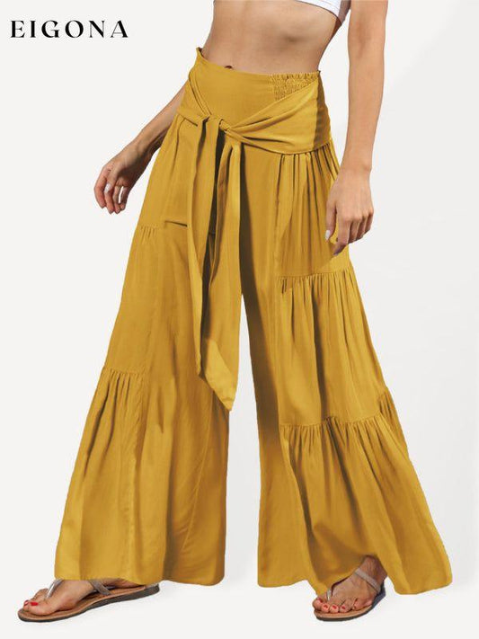 Women's woven strap elastic waist this kind of wide-leg A-type casual trousers Yellow bottoms clothes pants Women's Bottoms