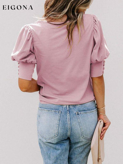 Women's Solid Color Puff Sleeve Crew Neck Blouse clothes shirt shirts short sleeve short sleeve shirt tops Tops/Blouses