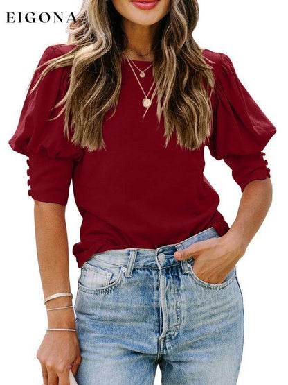 Women's Solid Color Puff Sleeve Crew Neck Blouse clothes shirt shirts short sleeve short sleeve shirt tops Tops/Blouses