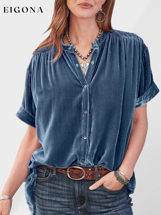 Women's Plush Velvet Button-up Shirt Purplish blue navy clothes shirt shirts short sleeve shirt tops