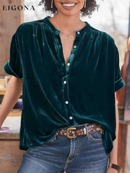 Women's Plush Velvet Button-up Shirt Green black jasper clothes shirt shirts short sleeve shirt tops